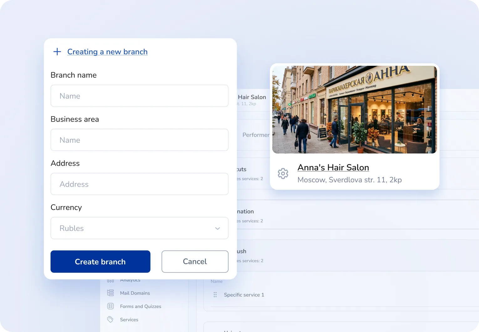 Branch and services setup